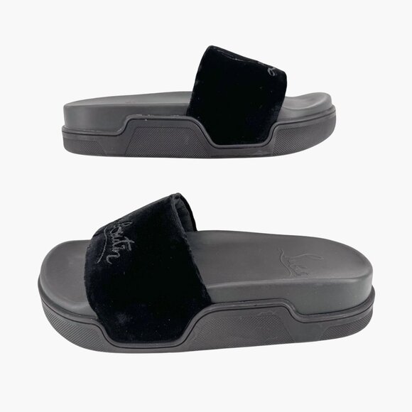 Christian Louboutin 'Navy Pool' Slide Sandals Size 37 US 7 Black Velvet Logo 30 - Picture 8 of 12